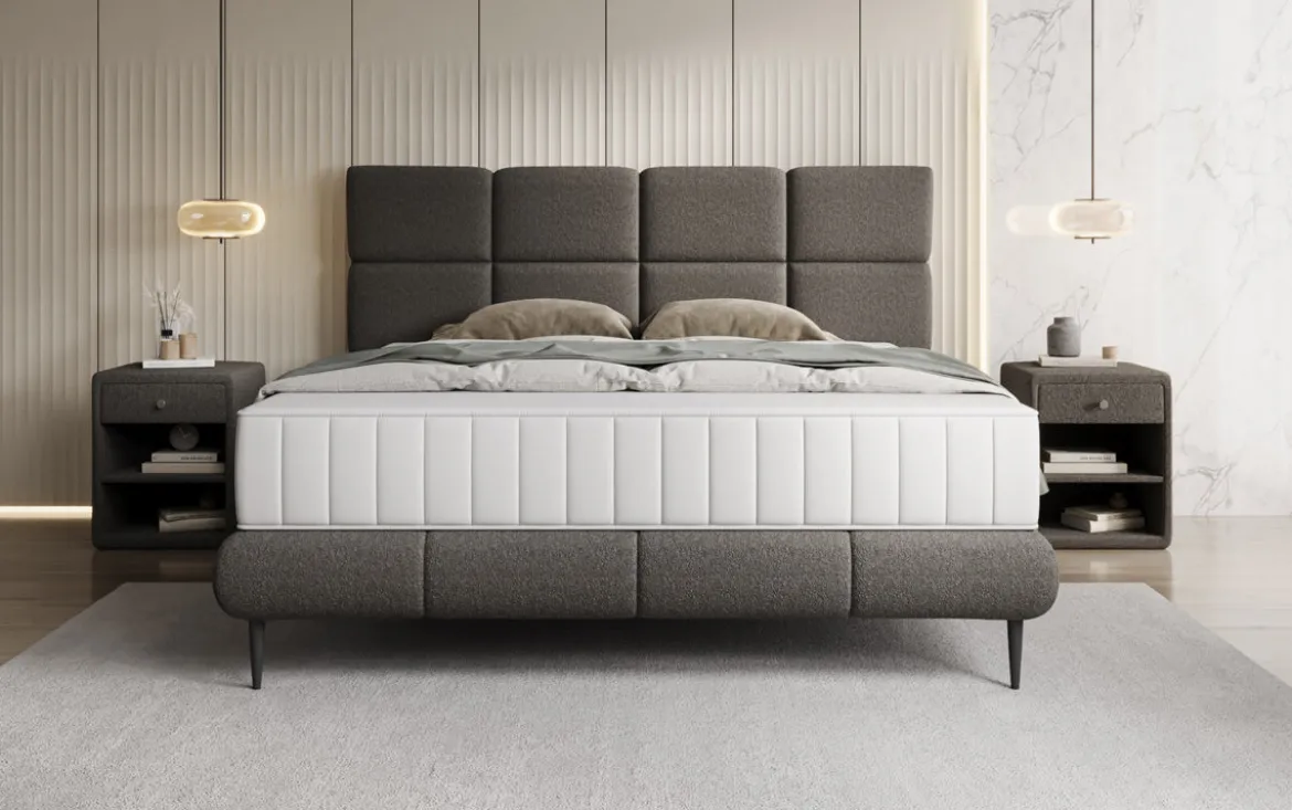 Boxspringbett Nessa mit hohen Füßen in Teddy Bouclé