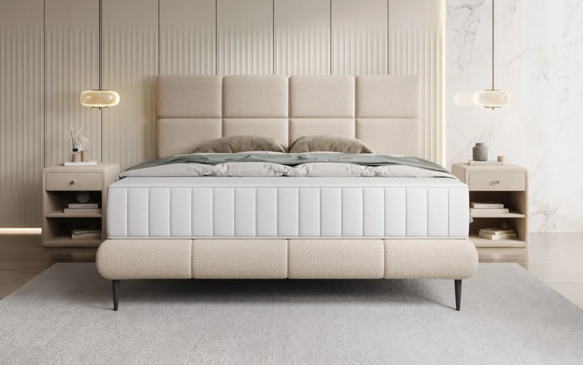Boxspringbett Nessa mit hohen Füßen in Teddy Bouclé