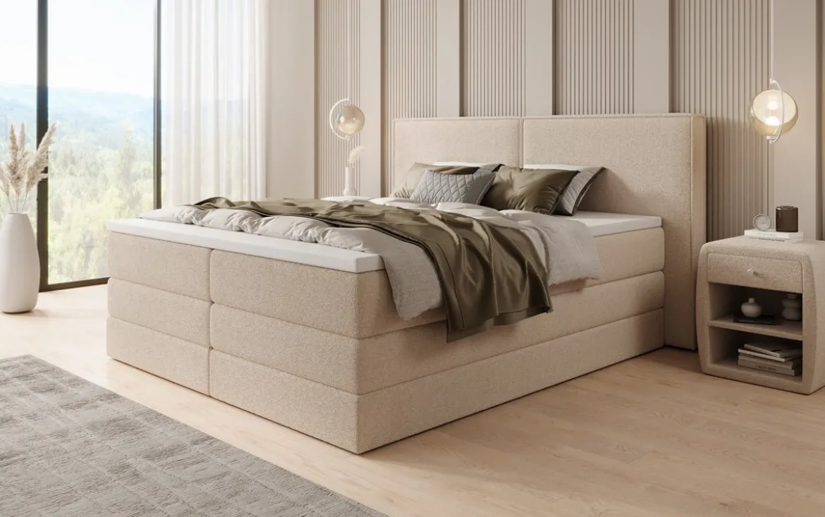 Boxspringbett Ophelia mit hochklappbarem Stauraum in Teddy Bouclé