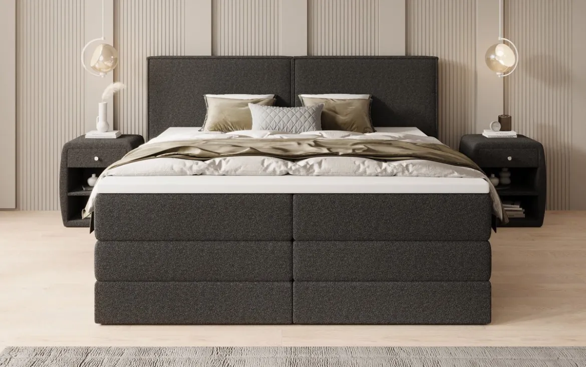 Boxspringbett Ophelia mit hochklappbarem Stauraum in Teddy Bouclé