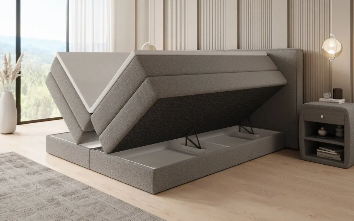 Boxspringbett Ophelia mit hochklappbarem Stauraum in Teddy Bouclé