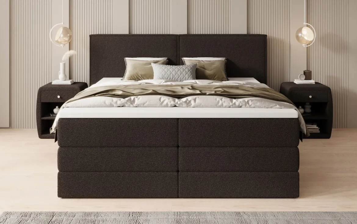 Boxspringbett Ophelia mit hochklappbarem Stauraum in Teddy Bouclé