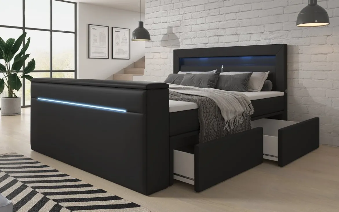 Boxspringbett Rinori mit TV Lift, USB, LED und Stauraum