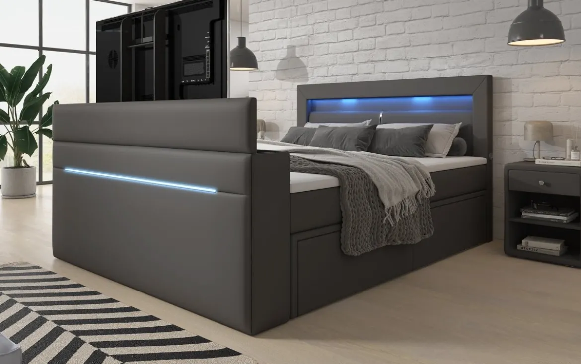 Boxspringbett Rinori mit TV Lift, USB, LED und Stauraum