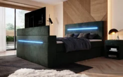 Boxspringbett Sejour mit TV Lift, RGB und Stauraum in Cord