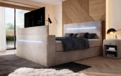 Boxspringbett Sejour mit TV Lift, RGB und Stauraum in Cord