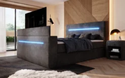 Boxspringbett Sejour mit TV Lift, RGB und Stauraum in Cord