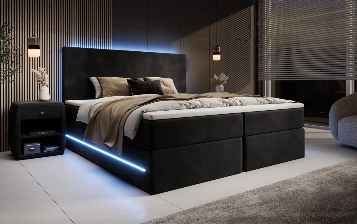 Boxspringbett Voyage mit LED u. Stauraum in Samt