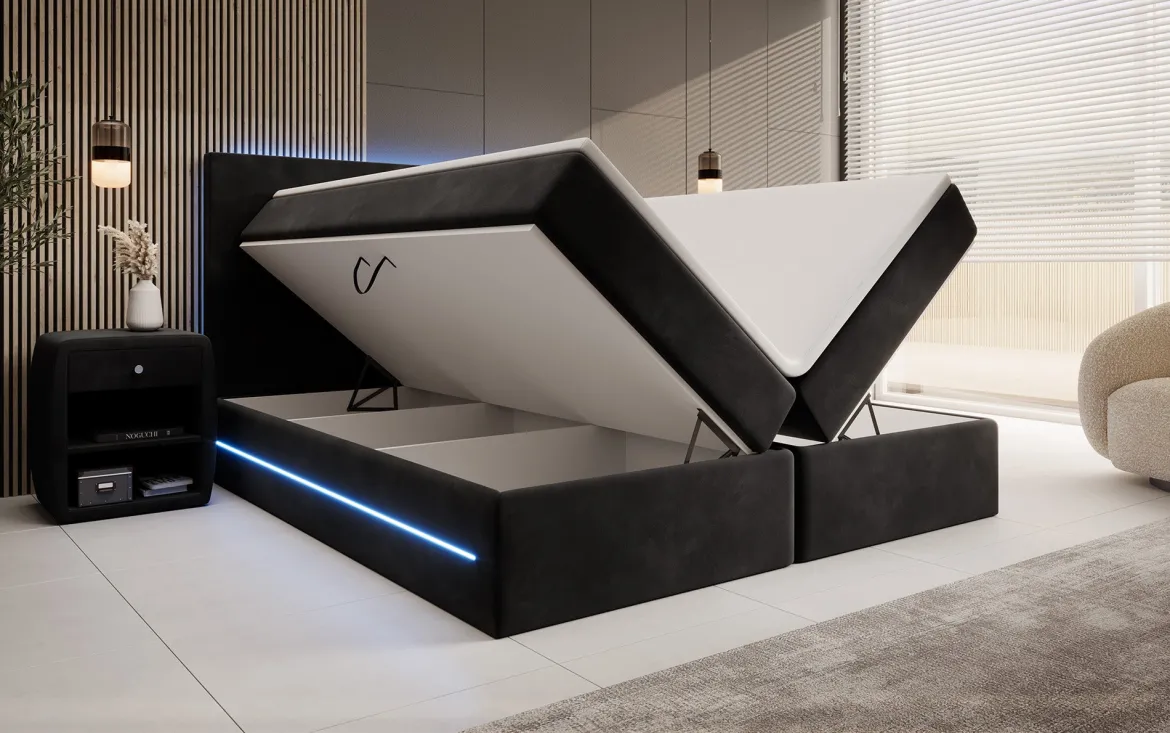Boxspringbett Voyage mit LED u. Stauraum in Samt