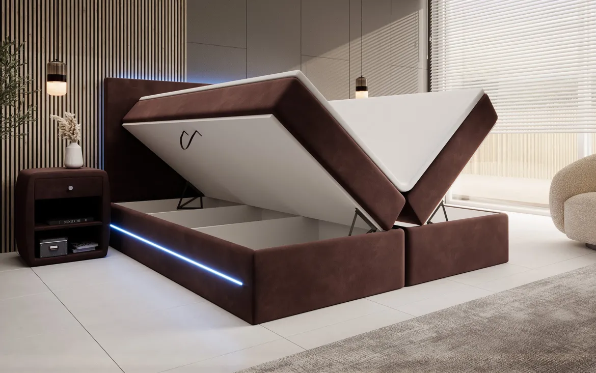 Boxspringbett Voyage mit LED u. Stauraum in Samt