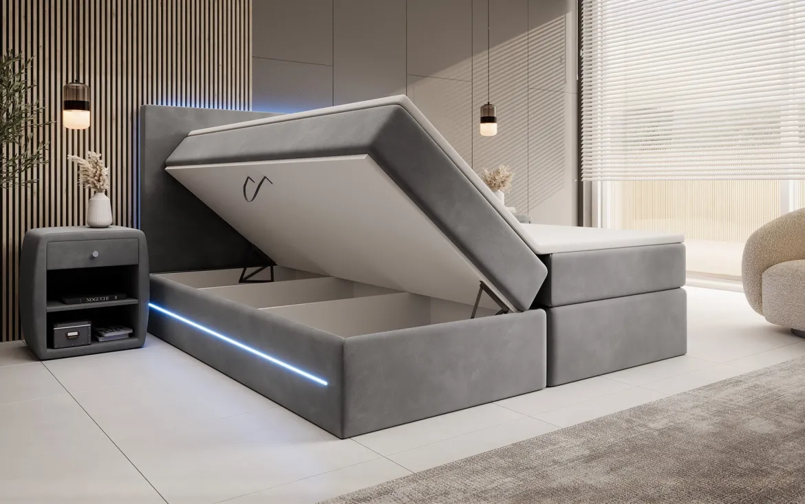 Boxspringbett Voyage mit LED u. Stauraum in Samt
