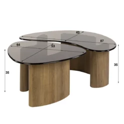 Couchtisch Aurora - 2er Set mit Tischplatte aus Rauchglas und Gestell in Eichenoptik