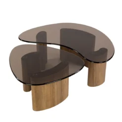 Couchtisch Aurora - 2er Set mit Tischplatte aus Rauchglas und Gestell in Eichenoptik