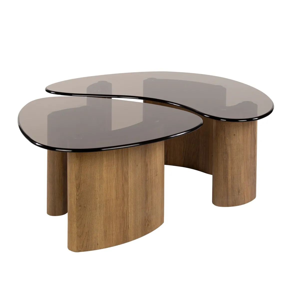 Couchtisch Aurora - 2er Set mit Tischplatte aus Rauchglas und Gestell in Eichenoptik