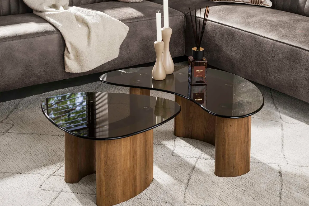 Couchtisch Aurora - 2er Set mit Tischplatte aus Rauchglas und Gestell in Eichenoptik