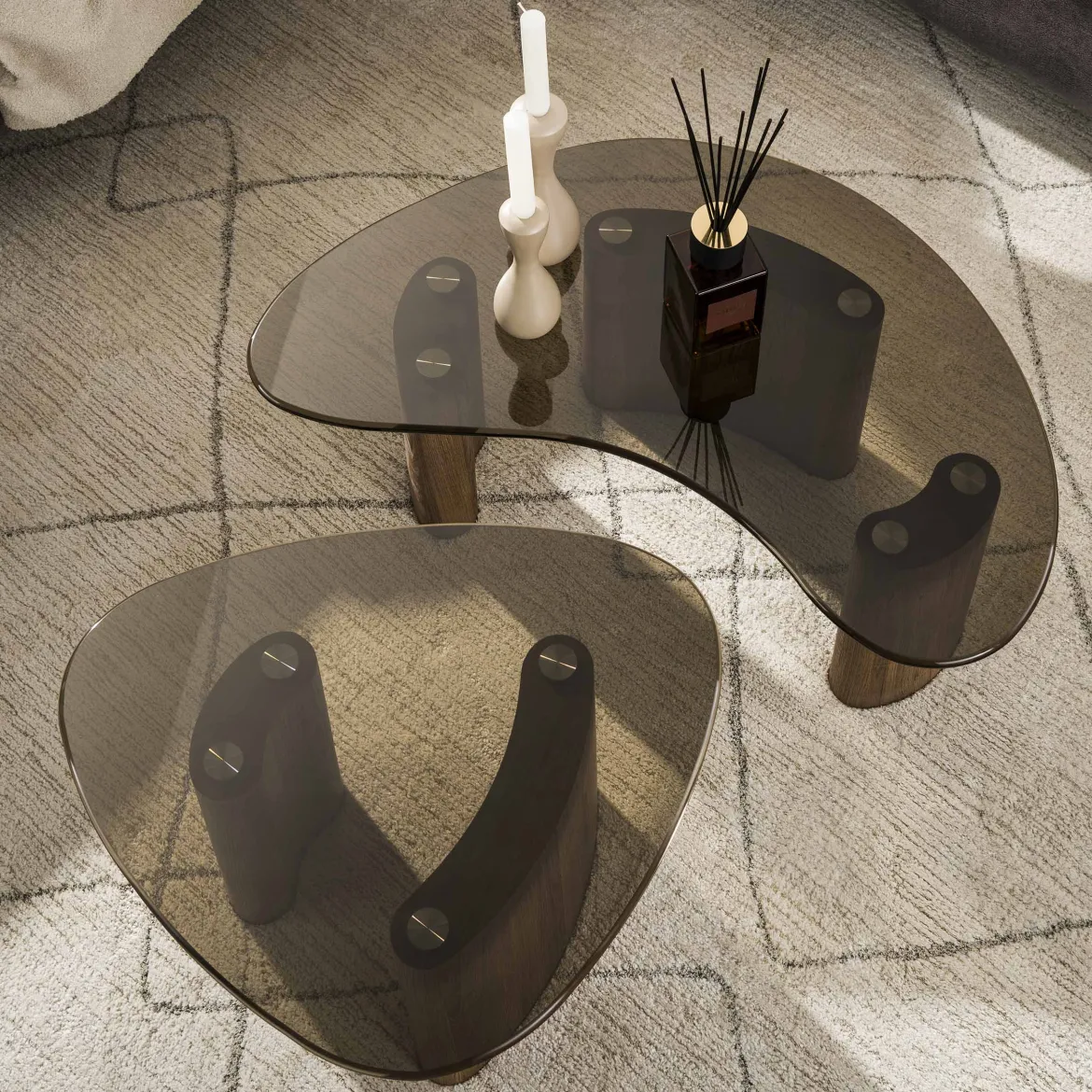 Couchtisch Aurora - 2er Set mit Tischplatte aus Rauchglas und Gestell in Eichenoptik