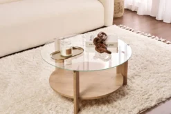 Couchtisch Davira - mit runder Glasplatte und Holzoptik