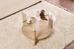 Couchtisch Davira - mit runder Glasplatte und Holzoptik