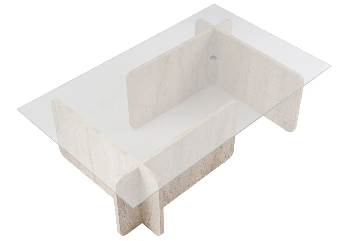 Couchtisch Fendro - mit rechteckiger Glasplatte und Travertin-Steinoptik