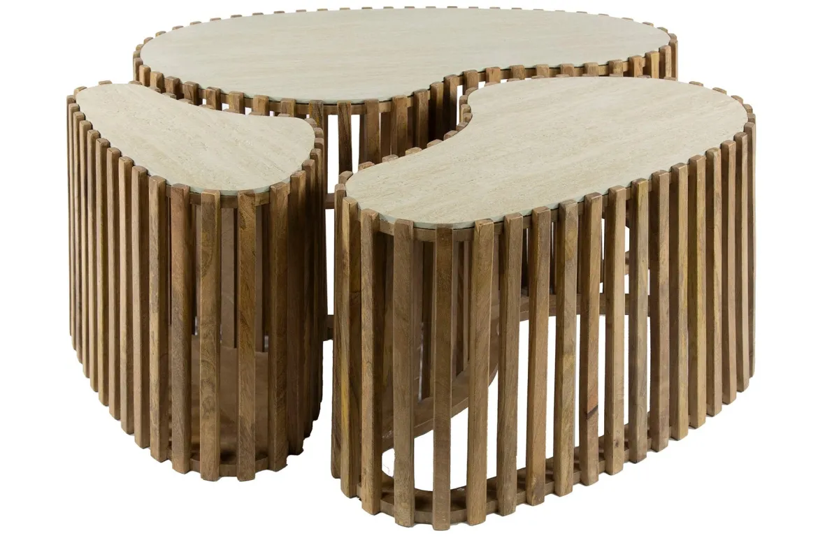 Couchtisch Savara - 3er Set aus Mangoholz mit Keramik-Tischplatte