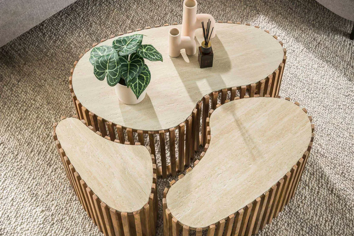 Couchtisch Savara - 3er Set aus Mangoholz mit Keramik-Tischplatte