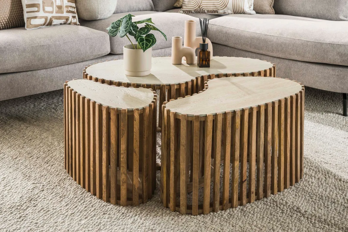 Couchtisch Savara - 3er Set aus Mangoholz mit Keramik-Tischplatte