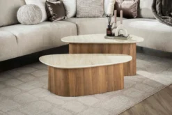 Couchtisch Sorelia - 2er Set mit Keramikplatte in Travertinoptik und dreieckiger Form