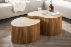 Couchtisch Tavara - 2er Set aus sandfarbenem Mangoholz mit Keramik-Tischplatte