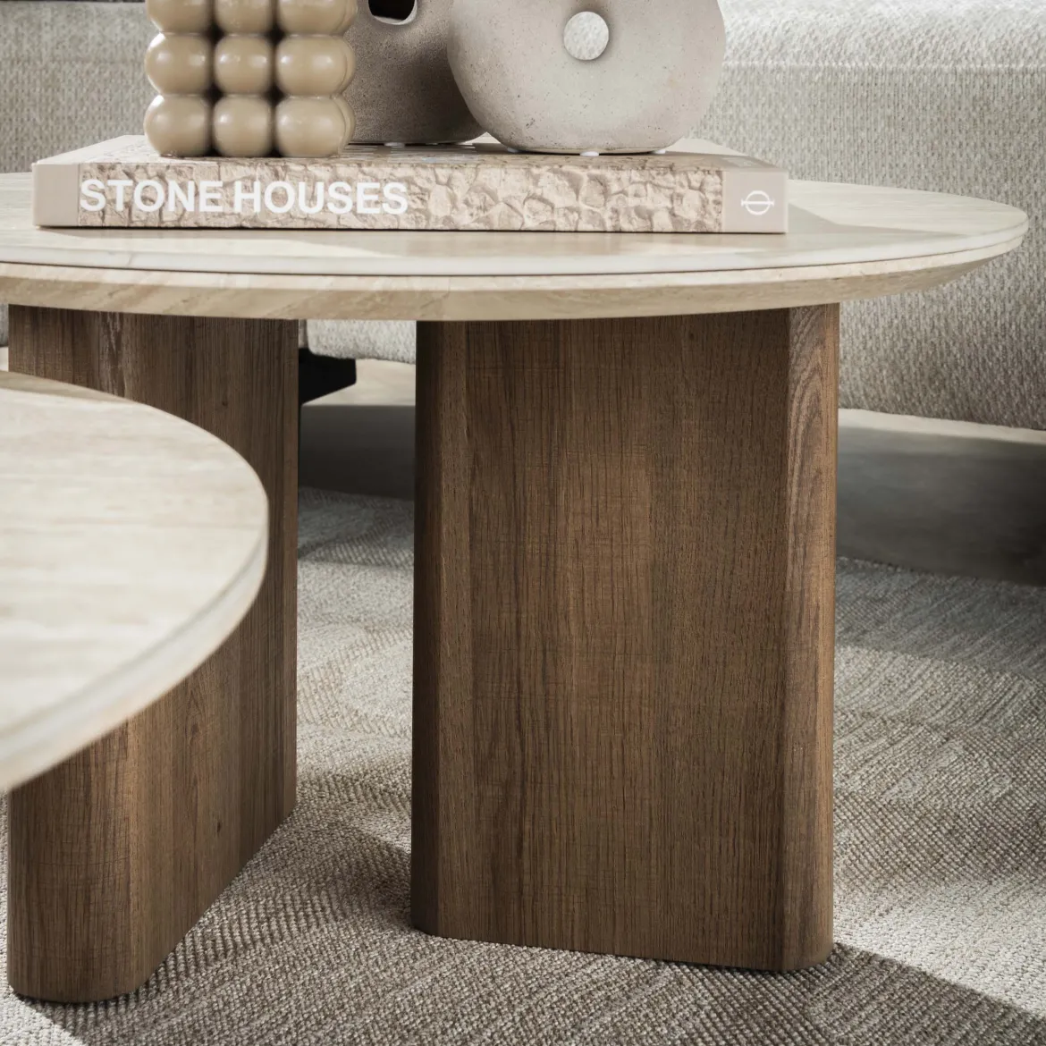 Couchtisch Tavira - 2er Set mit Keramikplatte in Travertinoptik und runder Form
