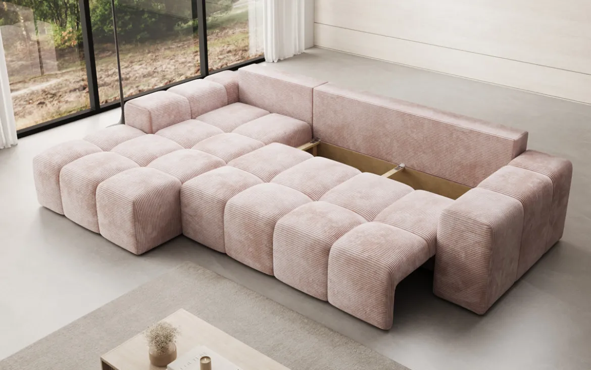 Designer Ecksofa Aila mit Schlaf- und Klappfunktion in Cord