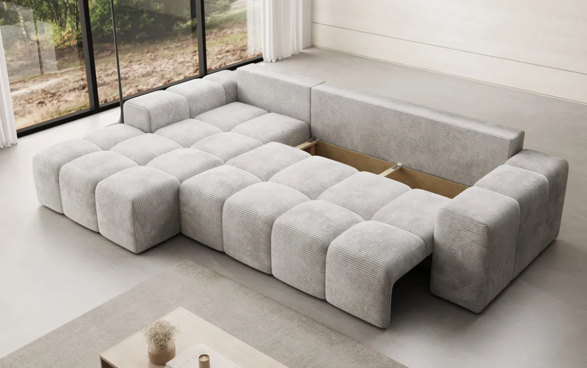 Designer Ecksofa Aila mit Schlaf- und Klappfunktion in Cord