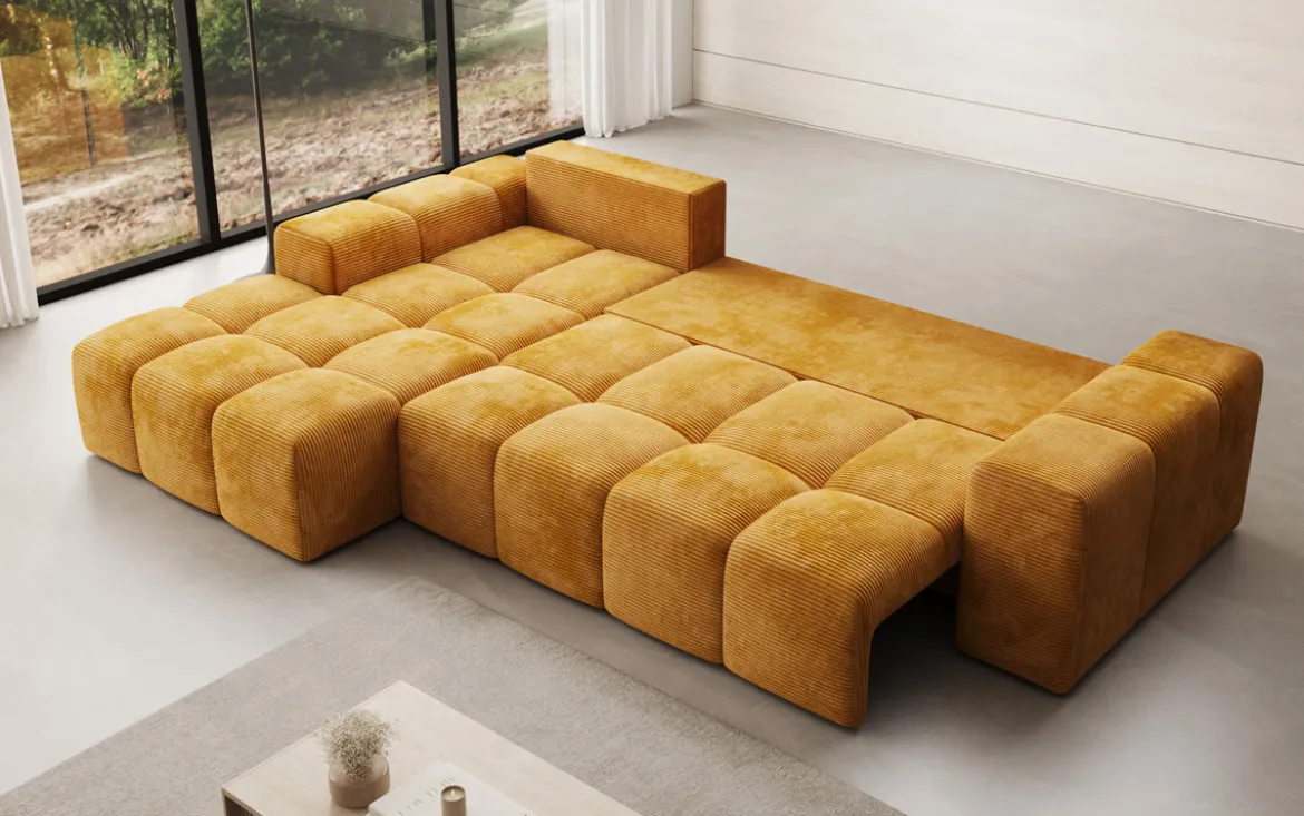 Designer Ecksofa Aila mit Schlaf- und Klappfunktion in Cord
