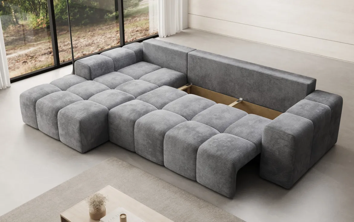 Designer Ecksofa Aila mit Schlaf- und Klappfunktion in Cord