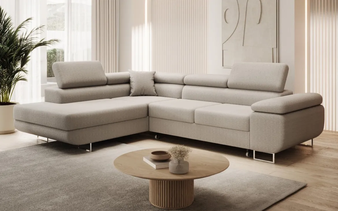 Designer Ecksofa Aston mit Schlaf- und Klappfunktion aus Bouclé