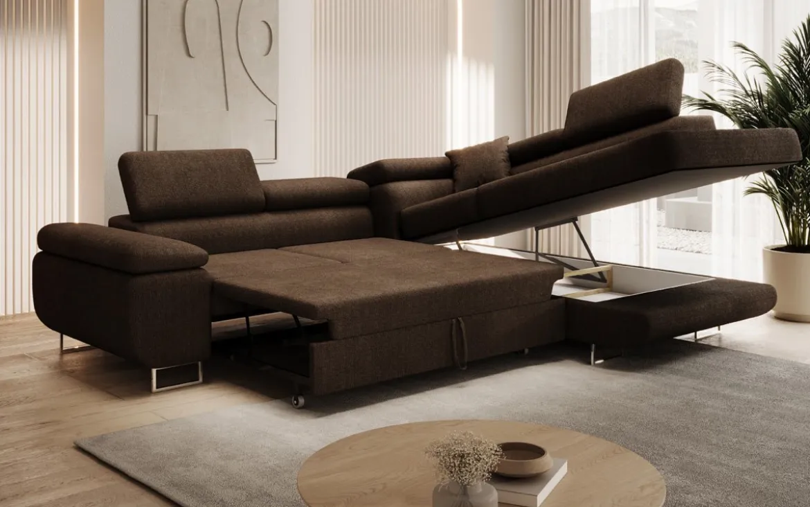 Designer Ecksofa Aston mit Schlaf- und Klappfunktion aus Bouclé