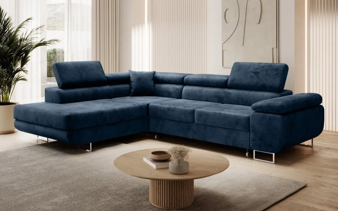 Designer Ecksofa Aston mit Schlaf- und Klappfunktion aus Samt