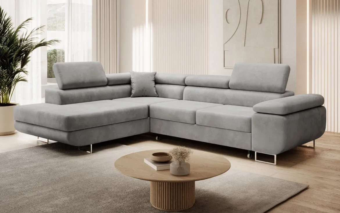 Designer Ecksofa Aston mit Schlaf- und Klappfunktion aus Samt