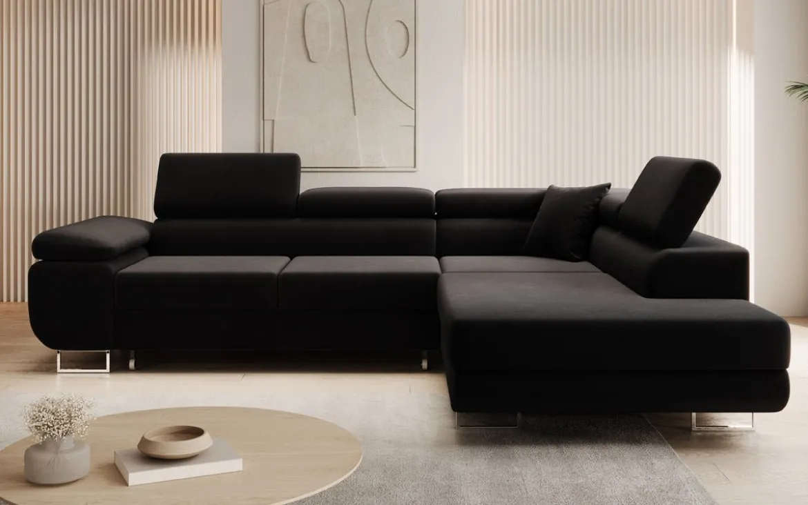 Designer Ecksofa Aston mit Schlaf- und Klappfunktion aus Samt