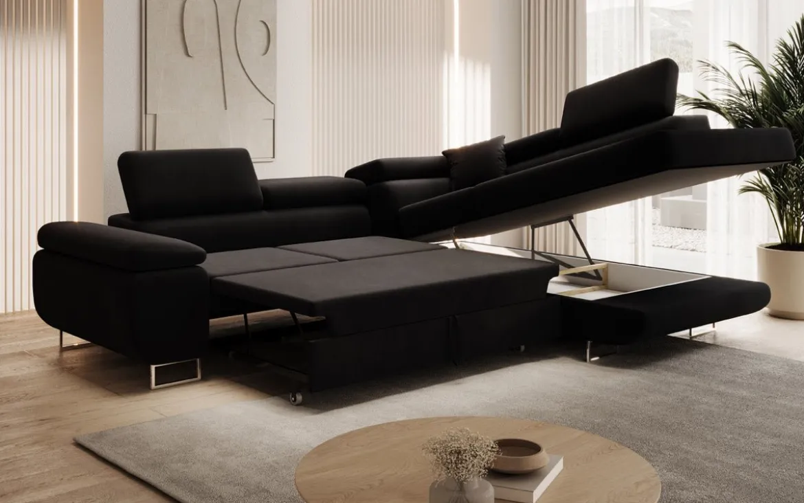 Designer Ecksofa Aston mit Schlaf- und Klappfunktion aus Samt