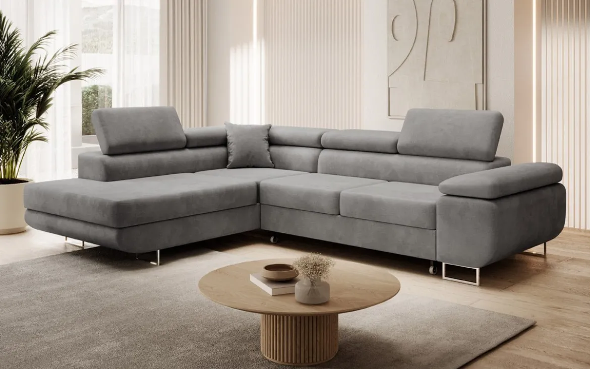 Designer Ecksofa Aston mit Schlaf- und Klappfunktion aus Samt