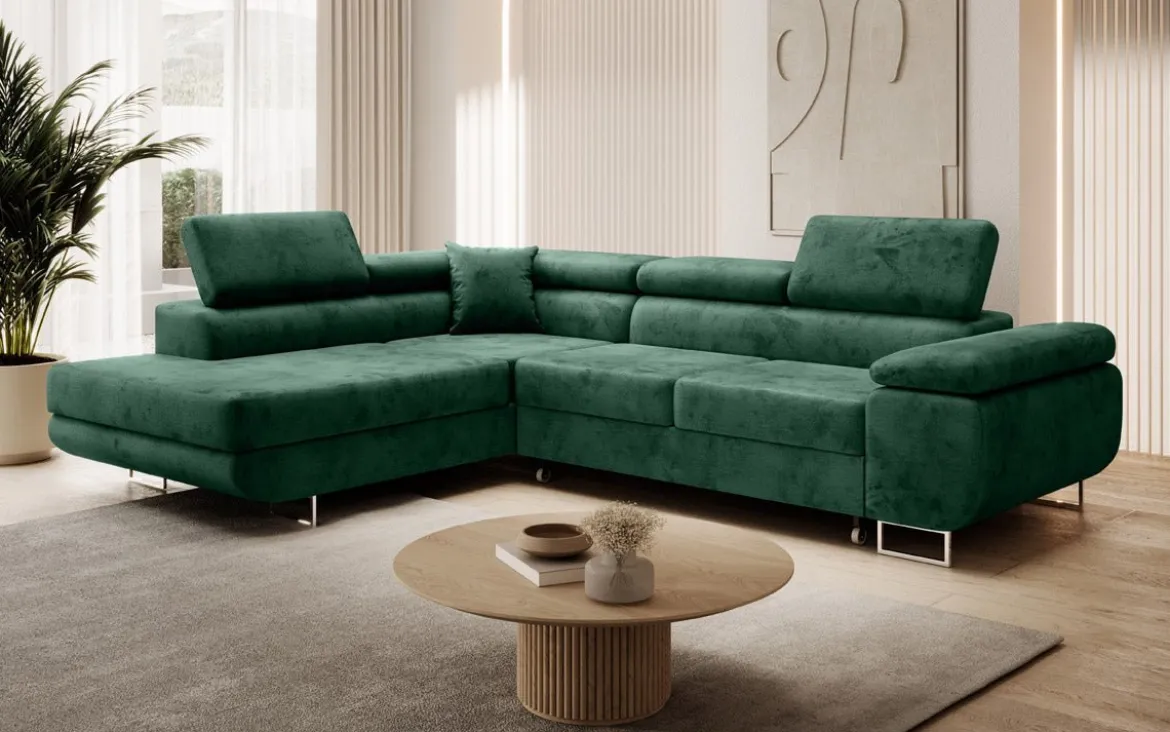 Designer Ecksofa Aston mit Schlaf- und Klappfunktion aus Samt