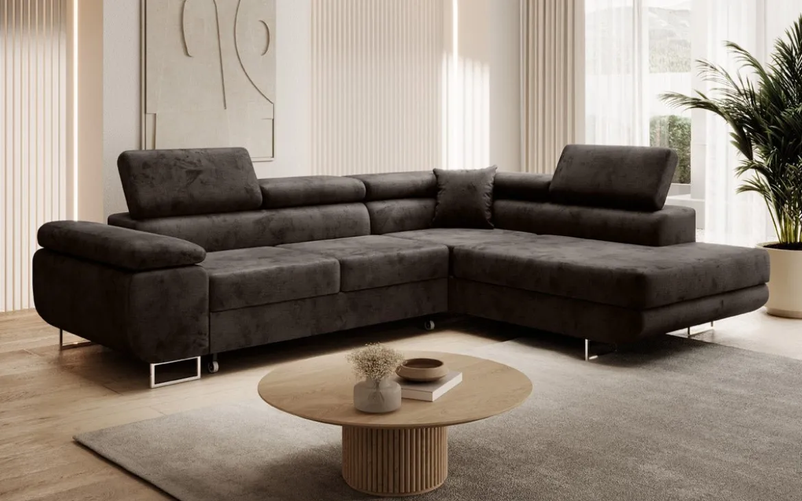 Designer Ecksofa Aston mit Schlaf- und Klappfunktion aus Samt