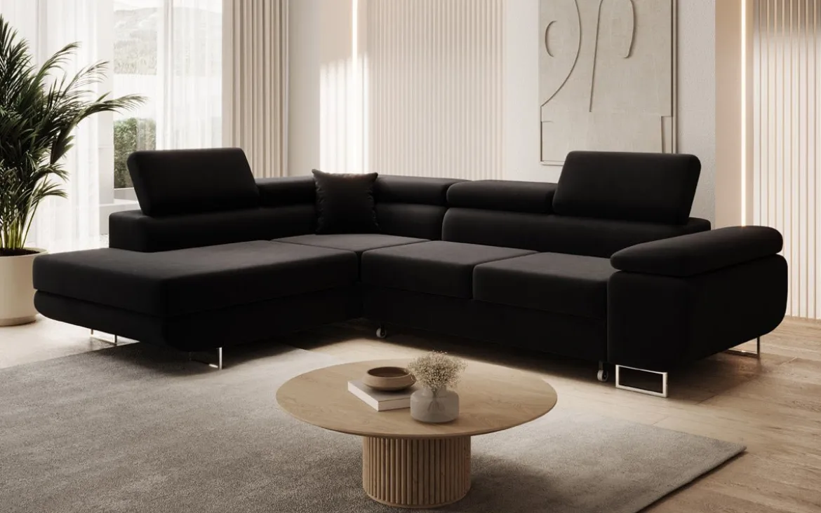 Designer Ecksofa Aston mit Schlaf- und Klappfunktion aus Samt
