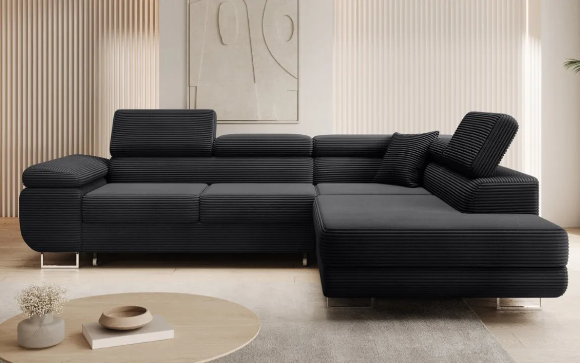 Designer Ecksofa Aston mit Schlaf- und Klappfunktion aus Cord
