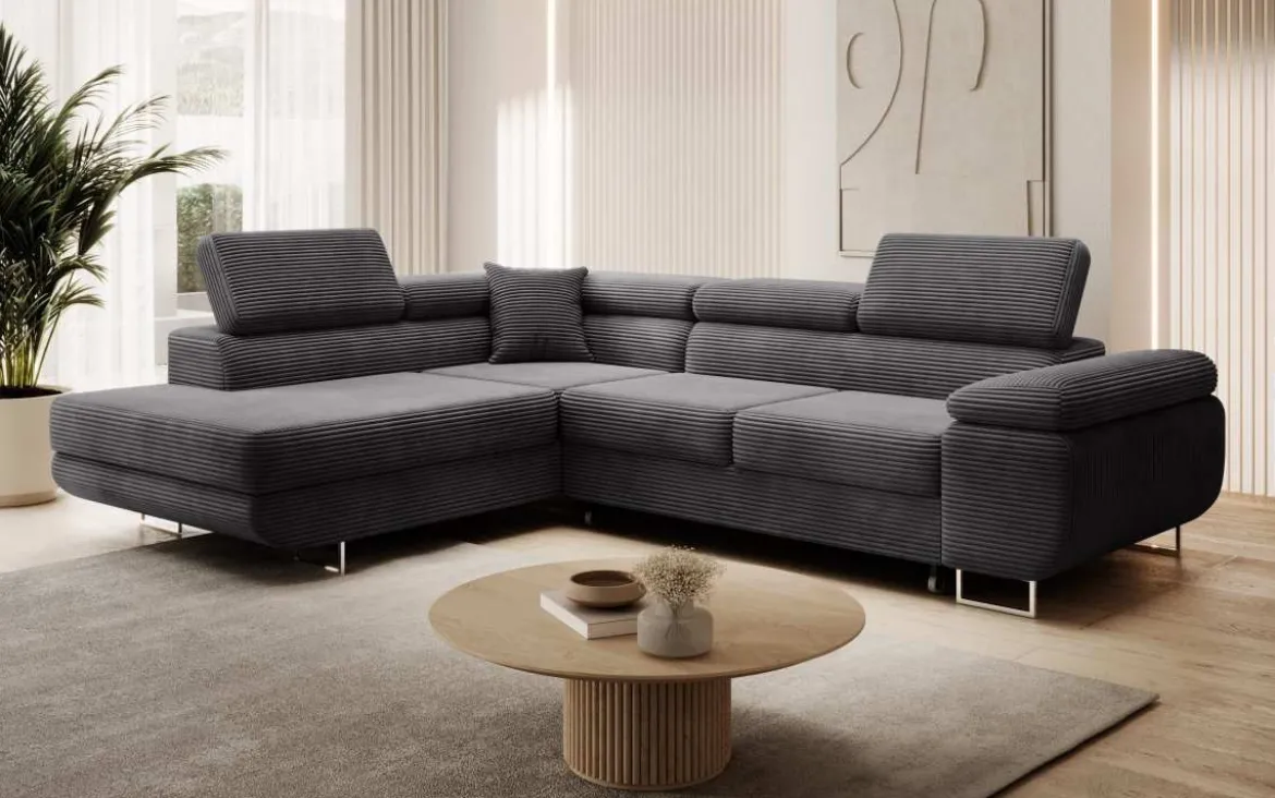 Designer Ecksofa Aston mit Schlaf- und Klappfunktion aus Cord