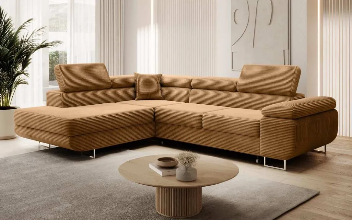 Designer Ecksofa Aston mit Schlaf- und Klappfunktion aus Cord