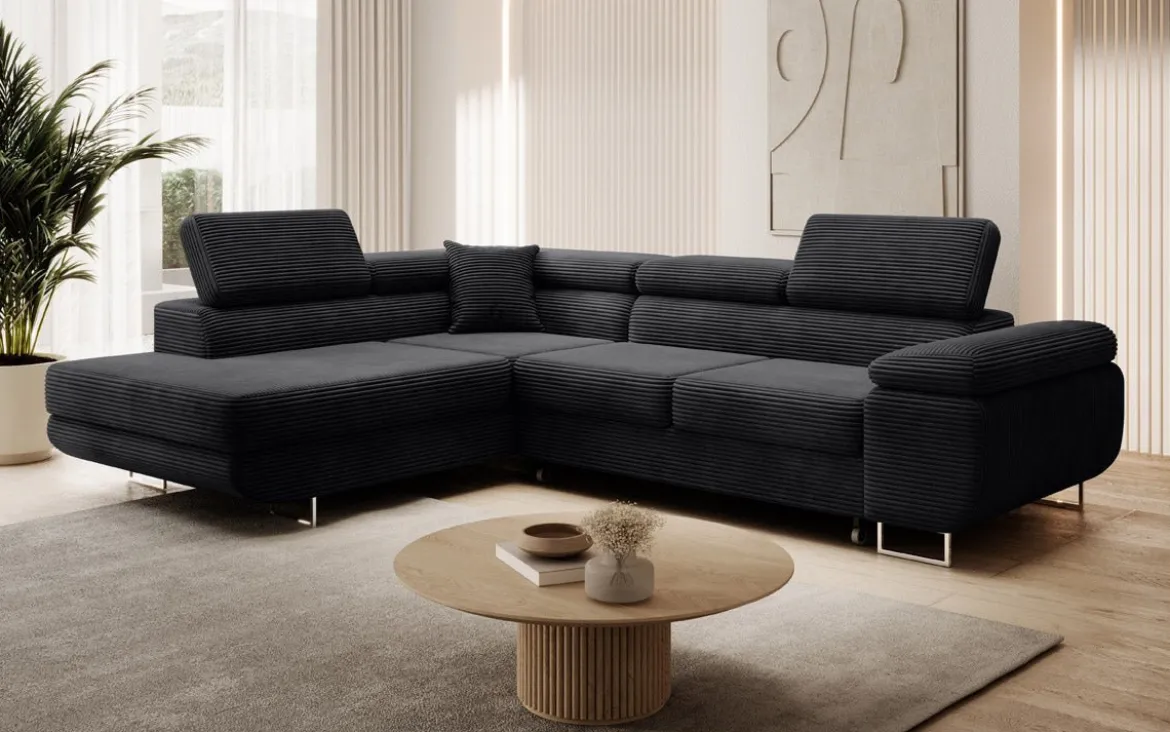 Designer Ecksofa Aston mit Schlaf- und Klappfunktion aus Cord