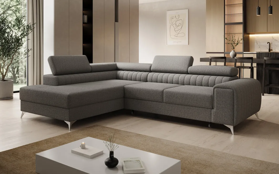 Designer Ecksofa Aurea mit Schlaf- und Klappfunktion in Bouclé
