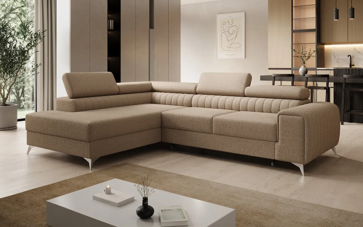 Designer Ecksofa Aurea mit Schlaf- und Klappfunktion in Bouclé