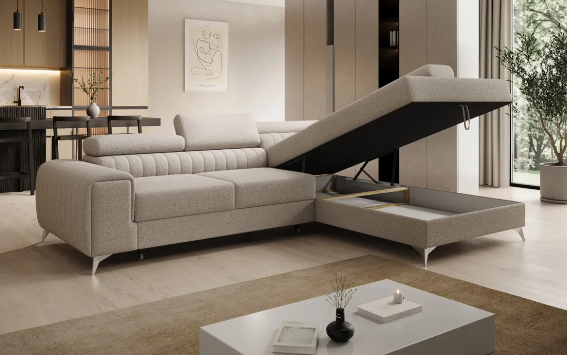 Designer Ecksofa Aurea mit Schlaf- und Klappfunktion in Bouclé